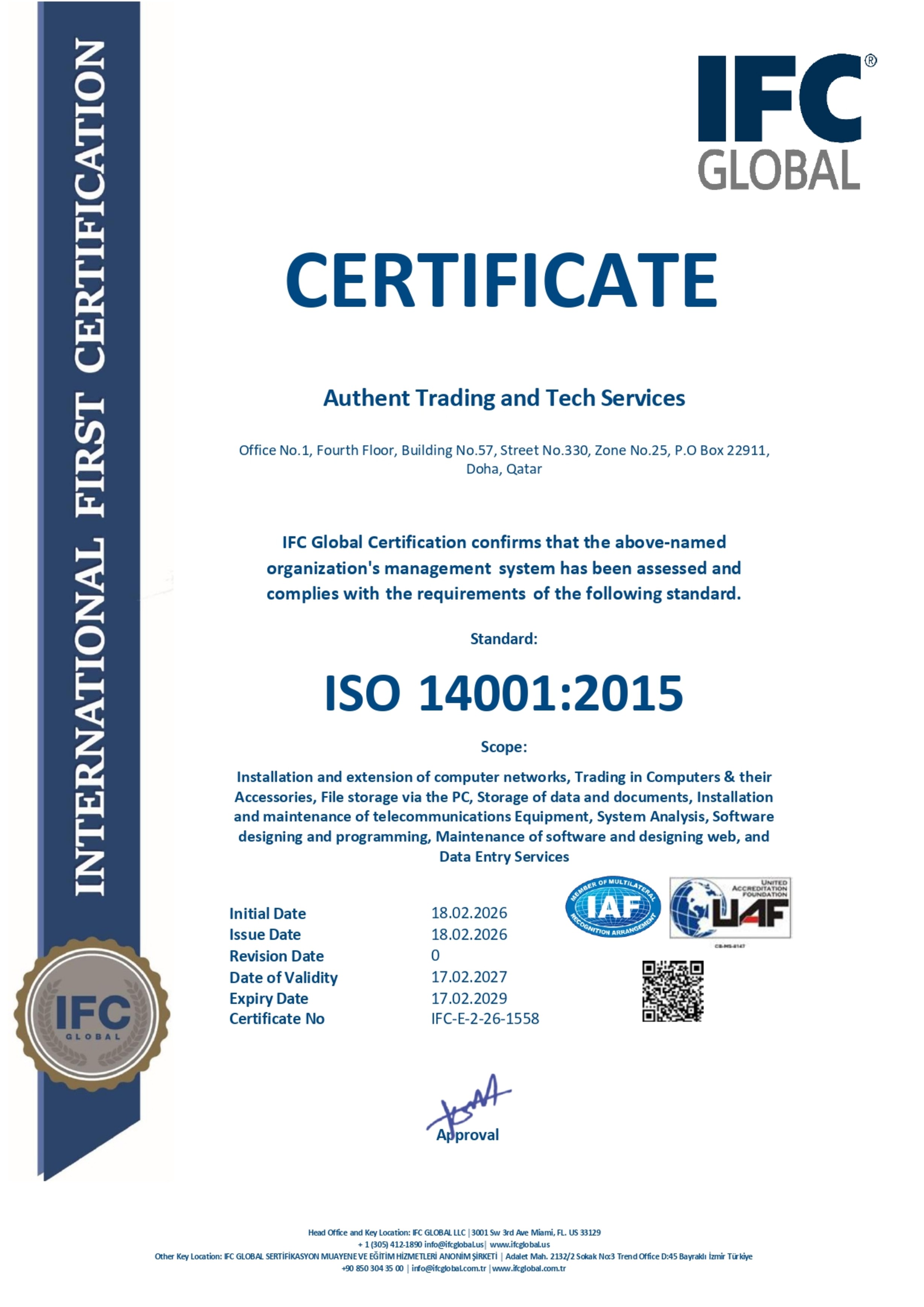 ISO 14001:2015 certificate – Authent Trading and Tech Services