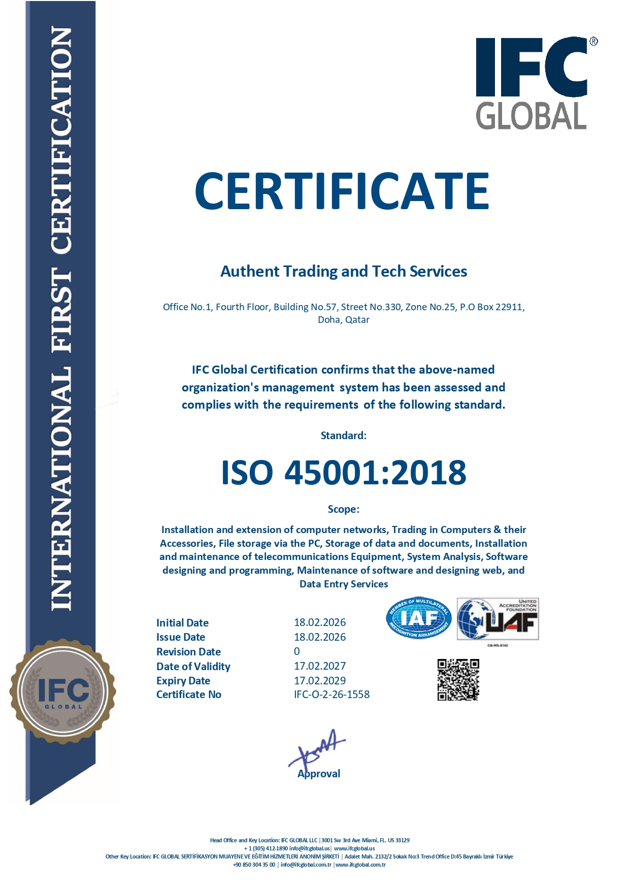 ISO 45001:2018 certificate – Authent Trading and Tech Services